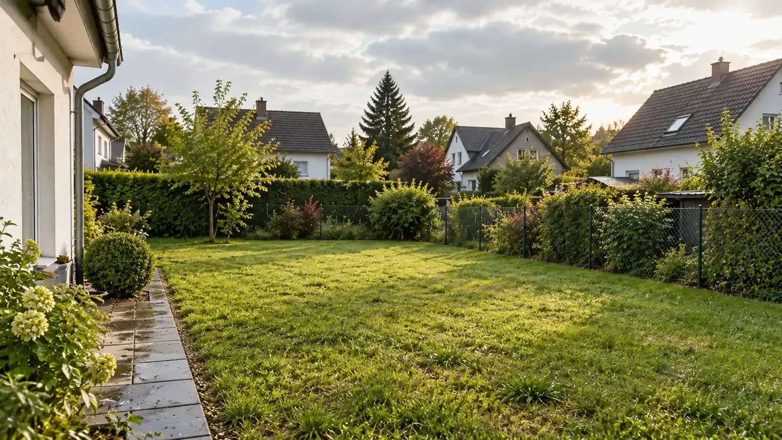 Ruhiger Garten eines deutschen Wohnhauses mit Zaun, Hecken und Nachbarhäusern als Grundstückssituation