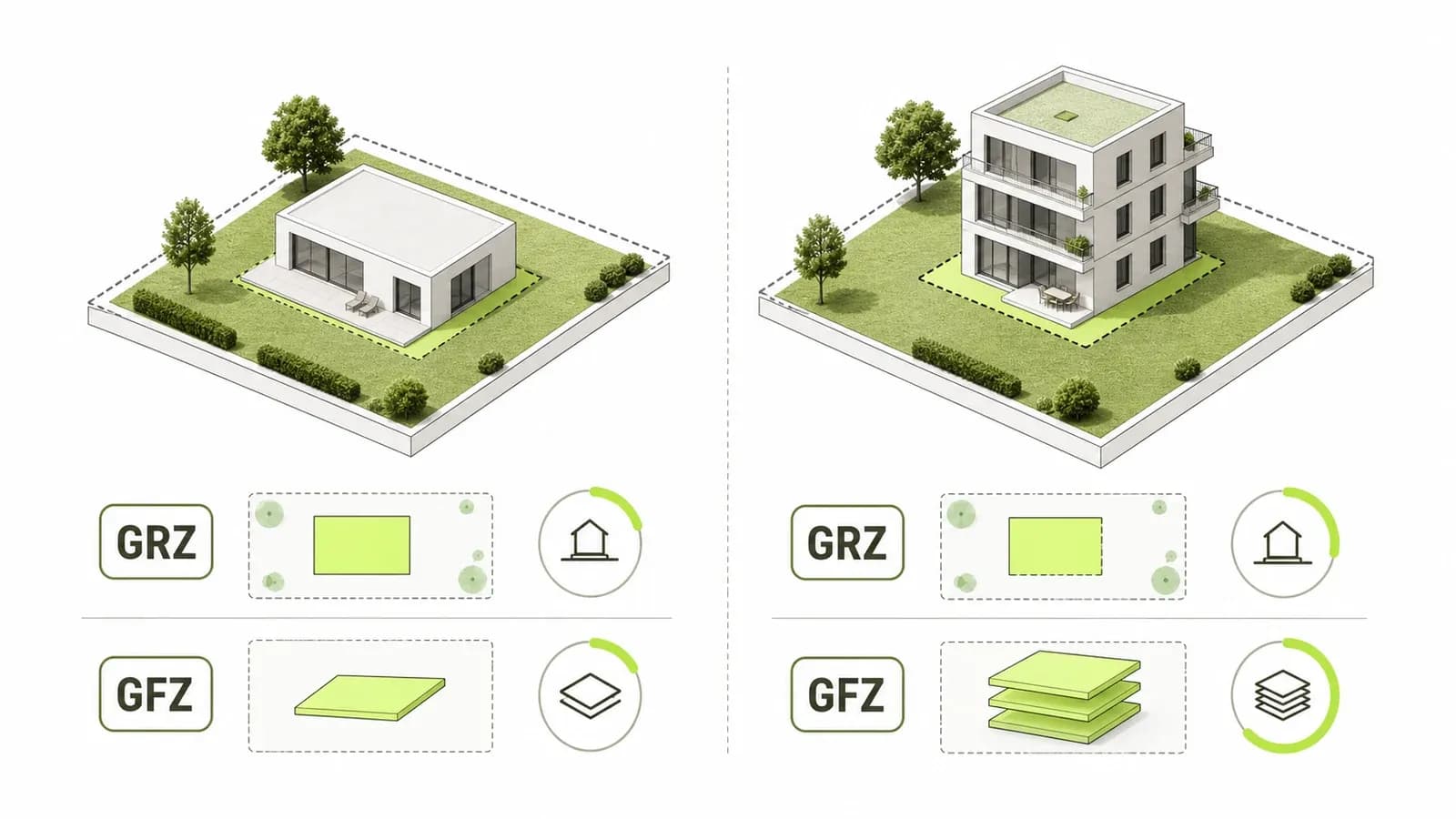 Infografik: GRZ und GFZ im Bebauungsplan lesen, eingeschossiger Bungalow und dreigeschossiges Haus auf gleich großem Grundstück